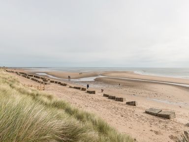 A beach with sand, tidal pools, grassy dunes, and concrete blocks along the shore at Jackson Cottage in Alnmouth