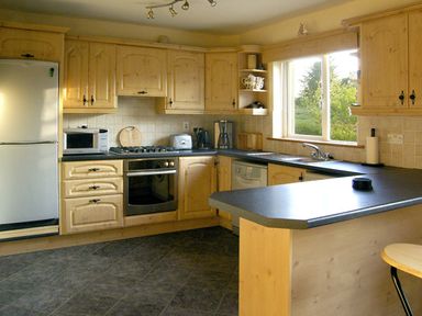A kitchen with wooden cabinets black countertops a refrigerator oven microwave and a window showing greenery at 19 River Glen in Curracloe County Wexford
