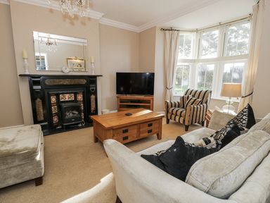 A living room with a fireplace and a television at Tyddyn Goronwy in Talybont