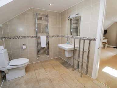 A bathroom with sink and toilet at Tyddyn Goronwy in Talybont