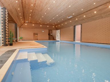 An indoor pool with steps and potted plants at The Croft in Vowchurch near Peterchurch