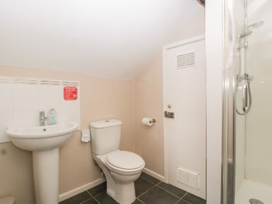 A bathroom with a toilet, sink, shower and door at The Croft in Vowchurch near Peterchurch