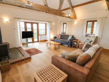 A living room with two sofas a wood stove and a television at Hill Farm Cottage Kerry's Gate near Abbey Dore