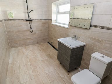 A bathroom with a shower, sink, and toilet at Dylan's Court in Laugharne