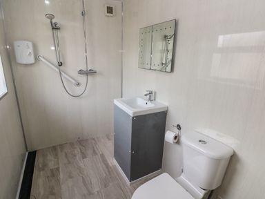 A bathroom with a shower, sink with a cabinet, mirror, toilet, and toilet paper holder at Barn Cottage in Laugharne