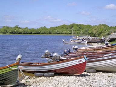 Wooden motorboats lined up on a rocky shore near a lake with trees in the background
