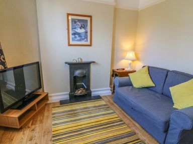 A living room with a blue sofa yellow cushions fireplace television on wooden stand and striped rug at Riverside View in Cark in Cartmel