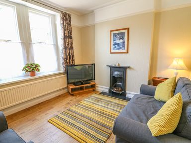 A living room with a gray sofa with two yellow pillows a striped yellow rug a small fireplace and a television on a wooden stand at Riverside View in Cark in Cartmel