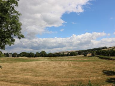 A large open field with patches of dry grass and trees in the background under a partly cloudy sky at Riverside View in Cark in Cartmel