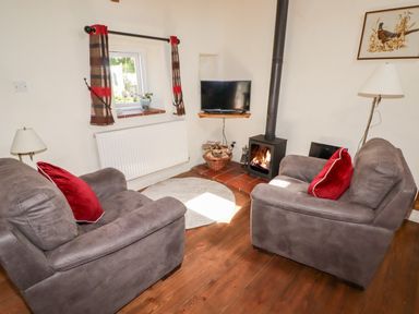 A living room with two armchairs and a wood stove at The Old Stable in Wolfscastle near Haverfordwest