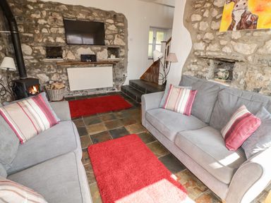 A living room with two gray sofas red rugs a stone wall with a mounted TV and a fireplace at The Coach House in Wolfscastle