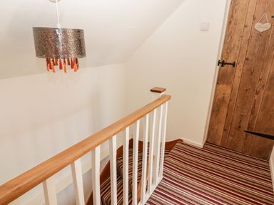 A stairway with striped carpet a wooden door and a hanging light fixture at The Coach House in Wolfscastle
