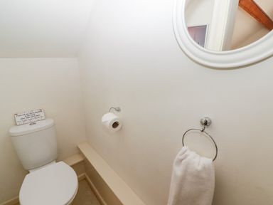 A small bathroom with a toilet a toilet paper holder a towel ring with a white towel and a round wall mirror at The Coach House in Wolfscastle