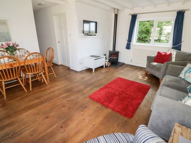 A living room with grey sofas a red rug a wood stove a dining table with chairs and blue curtains at The Duck House in Wolfscastle