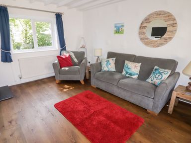 A living room with grey sofa and armchair blue curtains red rug and round mirror at The Duck House in Wolfscastle