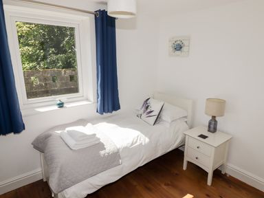 A bedroom with a single bed bedside table and window with blue curtains at The Duck House in Wolfscastle
