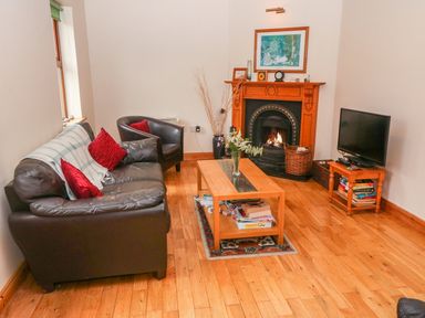 A living room with a leather sofa and armchair a wooden coffee table a fireplace and a television at Mary Agnes Cottage Cahirkeen near Allihies County Cork