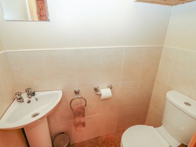 A small bathroom with a corner sink a toilet a towel ring with a towel and a toilet paper holder at Mary Agnes Cottage Cahirkeen near Allihies County Cork