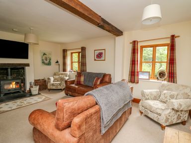 A living room with leather sofas floral armchairs a wood burning stove and windows with plaid curtains at Byrdir Cottage in Rhayader