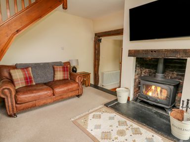 A living room with a leather sofa two cushions a fireplace with a wood stove and a television at Byrdir Cottage in Rhayader