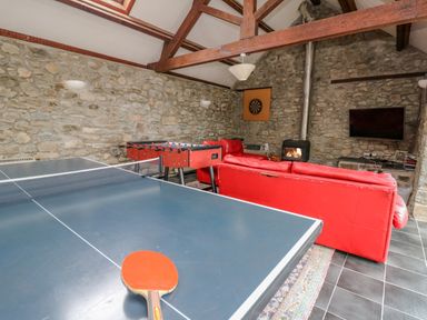 A recreation room with a ping pong table red sofas a foosball table dartboard and a wood stove at Byrdir Cottage in Rhayader