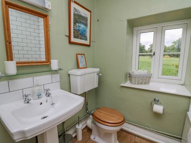 A bathroom with a sink mirror toilet and a window with a view of greenery at Byrdir Cottage in Rhayader