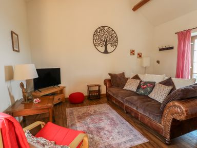 A living room with a television and sofa at Poppy Cottage in Caeathro near Caernarfon