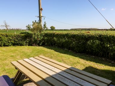 An outdoor picnic table on a grassy lawn with a hedge and open fields with sheep in the background at 2 Pines Farm Cottages in Ulleskelf