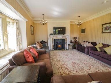 A living room with multiple sofas a fireplace with a TV above and a large rug at Plas Gwynfryn in Llanbedr