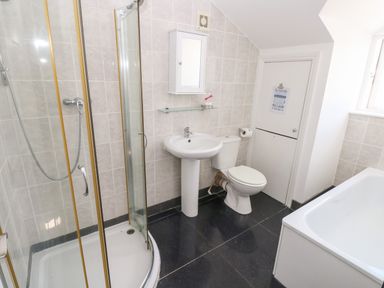 A bathroom with a shower enclosure a sink a toilet a bathtub and a storage cabinet at Saddlers Cottage Berllandeg Farm Clunderwen near Narberth