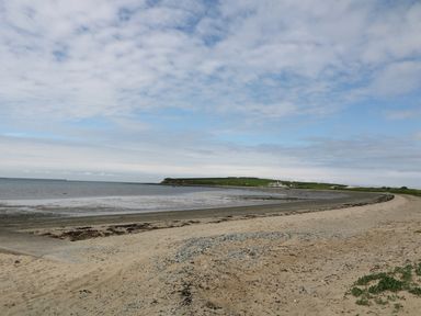 A sandy beach with patches of seaweed and gravel near a body of water under a cloudy sky at Ty Fferm Bodlasan in Llanfachraeth near Valley