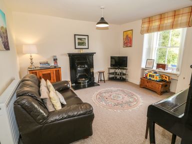 A living room with a leather sofa a black fireplace a TV on a glass stand a wooden chest with toys and a window with checkered blinds at Ty Fferm Bodlasan Llanfachraeth near Valley