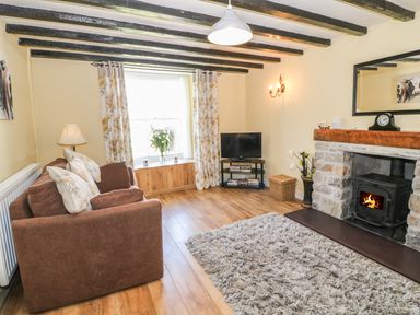 A living room with a brown sofa a stone fireplace a TV stand with a television and floral curtains at Ty Fferm Bodlasan in Llanfachraeth near Valley