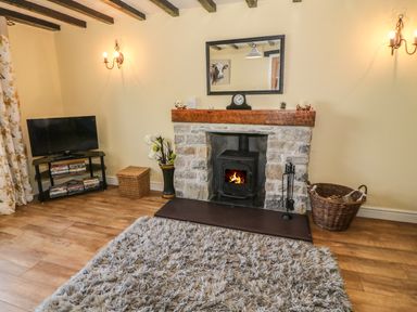 A living room with a stone fireplace wood stove and a TV on a stand at Ty Fferm Bodlasan Llanfachraeth near Valley
