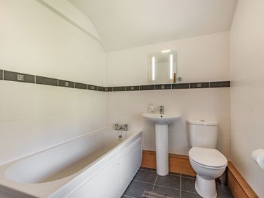 A bathroom with a bathtub a pedestal sink a toilet and a mirror at Ty Capel Jeriwsalem Bronaber near Trawsfynydd