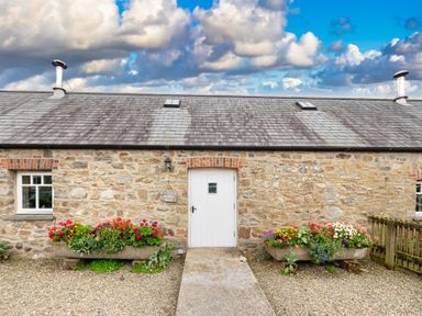 Exterior of a stone cottage with a white door and two planters with flowers at Bwthyn Bach in Newport