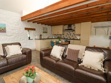 A living room with brown leather sofas and a kitchen with wooden cabinets at Bwthyn Bach in Newport