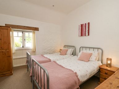 A bedroom with two single beds with pink cushions and blankets a wooden cupboard and a bedside table with a lamp at Bwthyn Bach in Newport