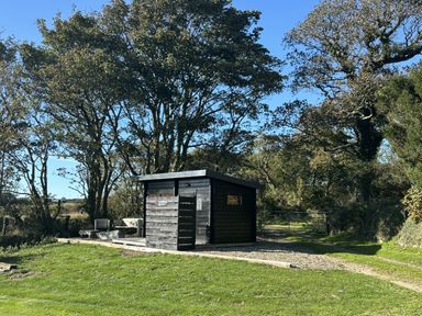 A shed near trees and a pathway at Bwthyn Bach in Newport