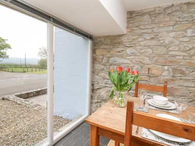A dining area with a wooden table and chairs a vase of red tulips and tableware next to a large window with a view of a fenced field at Y Cwtch in Newport