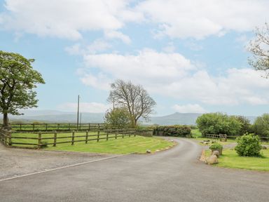 A curved paved road with grassy areas trees and wooden fences under a cloudy sky at Y Cwtch in Newport
