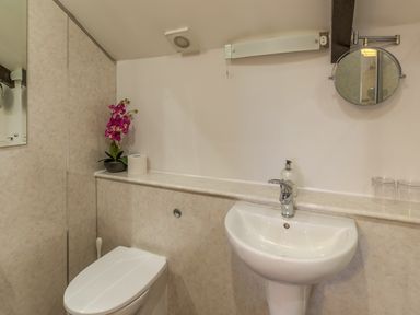 A bathroom with a toilet a sink a flower pot with purple flowers and a roll of toilet paper at The Old Exchange in Corbridge near Hexham