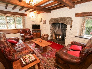 A living room with leather sofas a wooden coffee table a fireplace with a wood stove and a television at Nant Cottage in Llanrwst near Betws-y-Coed