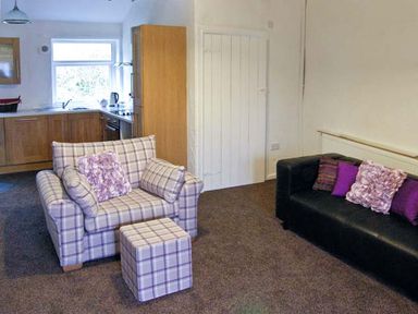 A living room area with a plaid armchair and matching ottoman near a black sofa with purple pillows and an open kitchen at Hendre Aled Cottage 1 Llansannan near Llanrwst