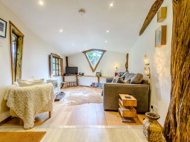 A living room with a gray sofa a white armchair a wooden coffee table a TV on a wooden shelf and a triangular window at Brookbank Folly in Mitcheldean