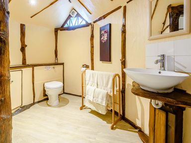 A bathroom with a toilet, a sink on a wooden countertop, towels hanging on a wooden rack, and wooden beams on the walls at Brookbank Folly in Mitcheldean