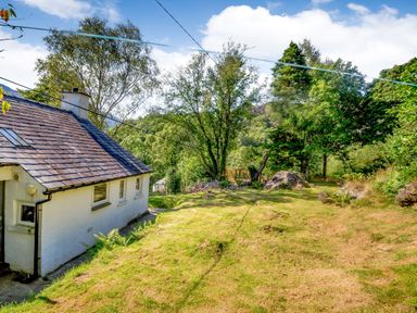 A white house with a sloped roof next to a grassy yard with trees and rocks at Penlan in Beddgelert