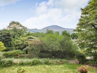 A grassy garden area with dense trees and bushes a dirt path and a mountain in the background at Penlan in Beddgelert