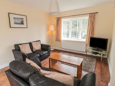 A living room with black sofas and a wooden coffee table a TV on a glass stand and a window with curtains at No 1 Low Hall Cottages Scalby near Scarborough