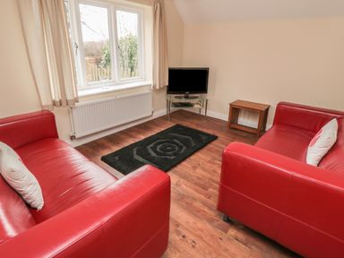 A living room with two red sofas a black rug a television on a glass stand and a wooden side table at No 2 Low Hall Cottages Scalby near Scarborough